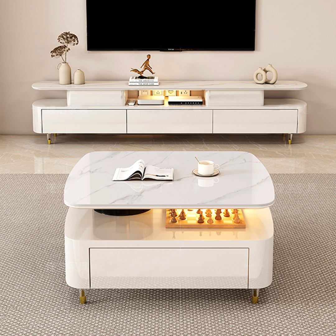 CT02，Modern White Coffee Table With Drawers，Creamy White