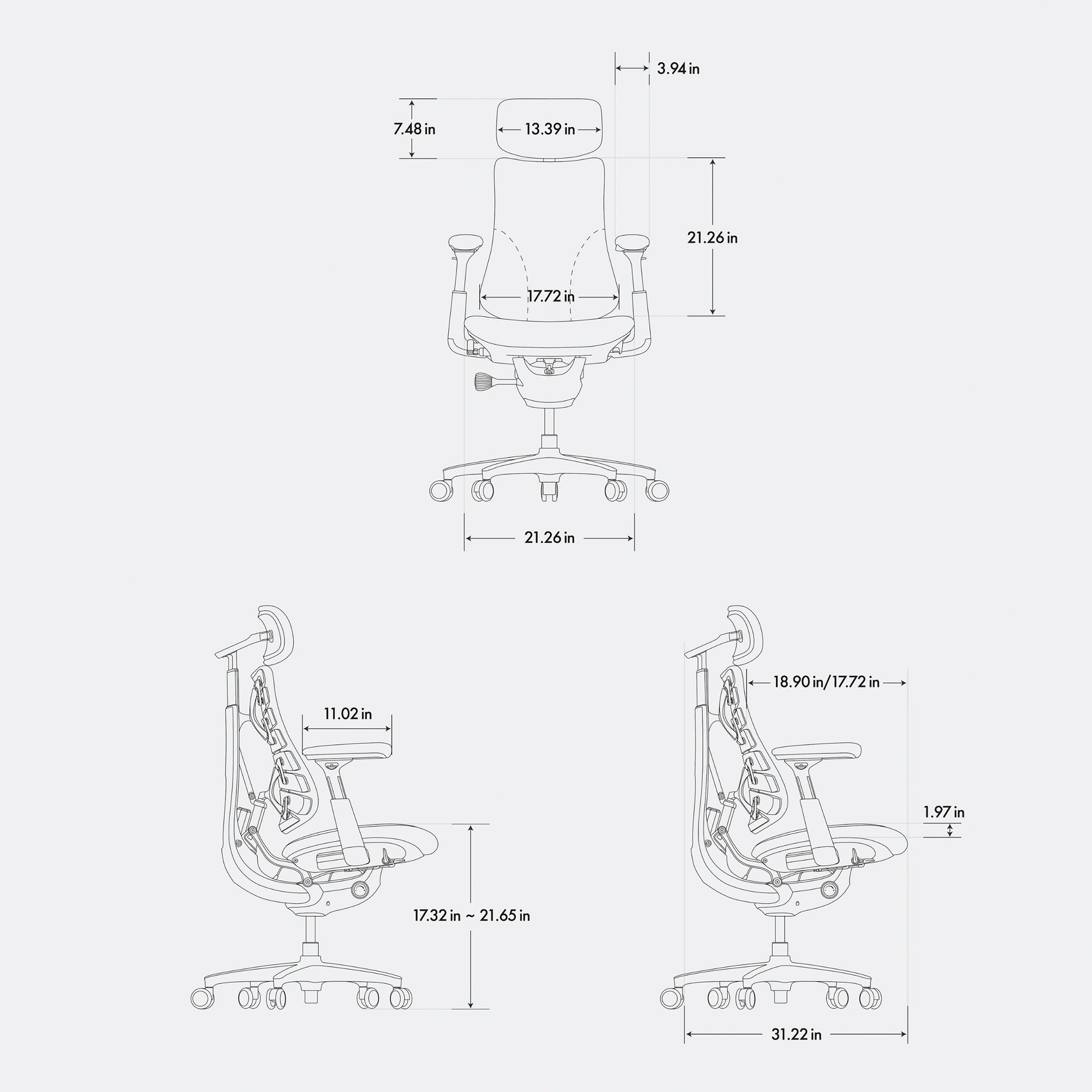 Dimensional diagram of the ergonomic office chair.