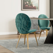 Katalea Green Velvet Dining Chair Set, Green Velvet Upholstery With Embossed Pattern, Gold Legs.