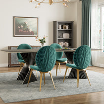 Katalea Green Velvet Dining Chairs Set in a Modern Dining Room, Featuring Embossed Leaf Design and Gold Legs.
