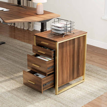 Walnut Four-Drawer File Cabinet With Gold Metal Frame for Office Storage, Modern Design.