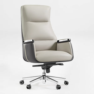 Royal II Executive Ergonomic Office Chair in Cream and Gray Leather, High Back, and Silver Accents.
