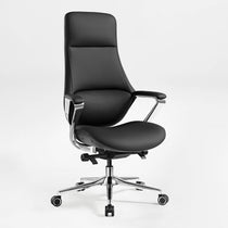 Eureka Ergonomic Nox black genuine leather executive office chair with high back and polished chrome accents on a five-star base with casters.