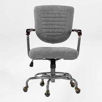 Cole Task Office Chair With Gray Pu Leather, Wooden Armrests, and Rolling Casters.
