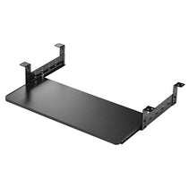 Black Ergonomic Pull-Out Keyboard Tray With Carbon Fiber Finish.