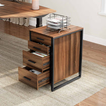 Walnut Four-Drawer File Cabinet With Metal Frame, for Office Storage.