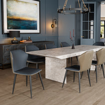 Elysian Blue Dining Chairs Set Around Marble Table, Blue Pu Leather, White Stitching, Black Legs.