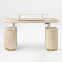 Eureka Ergonomic Opal Oval Executive Standing Desk in Light Beige With Storage Cabinets and Brass Base.