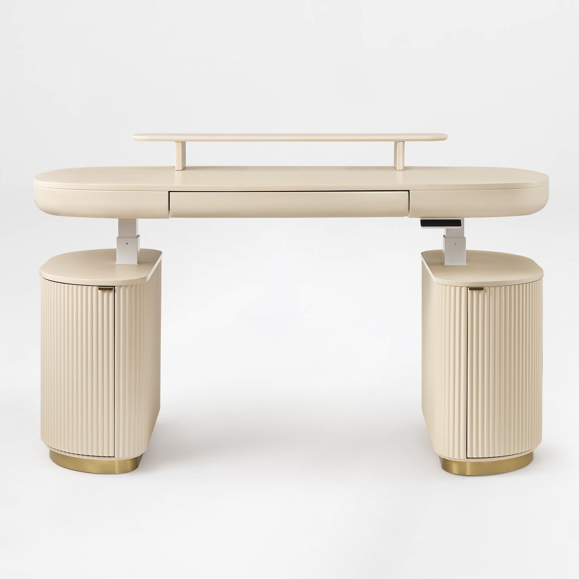 Eureka Ergonomic Opal Oval Executive Standing Desk in Light Beige With Storage Cabinets and Brass Base.