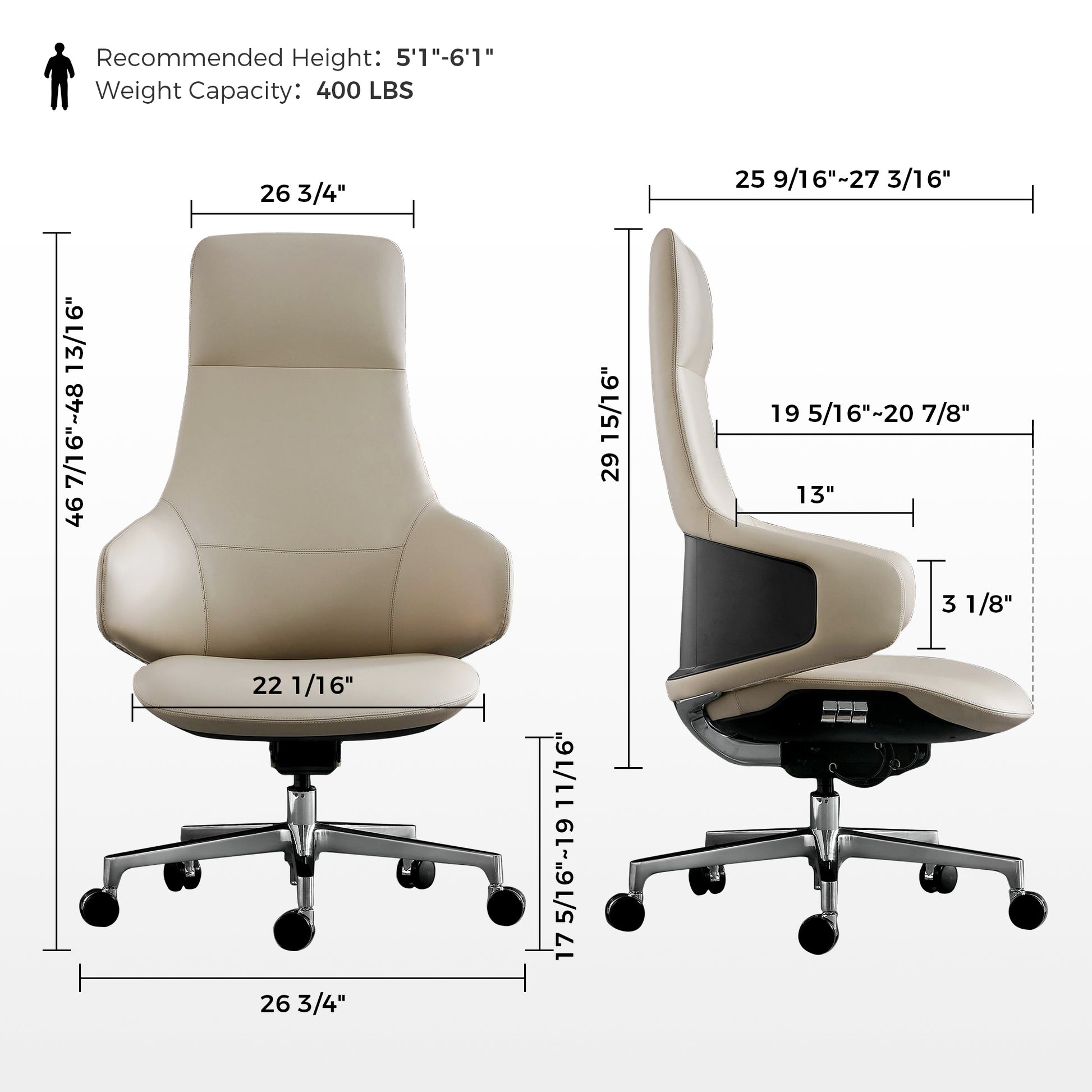 Executive Leather Office Chair, Off-White, Dimensions