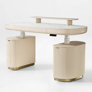 Eureka Ergonomic Opal Oval Executive Standing Desk in Light Beige With Marble Top and Storage Cabinets.