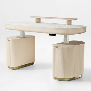 Eureka Ergonomic Opal Oval Executive Standing Desk in Light Beige With Marble Top and Storage Cabinets.