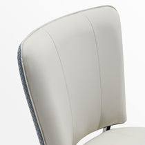 Aspen Dining Chair Back Detail, Off-White Leather, Indigo Blue Woven Accent, Modern Dining Furniture.