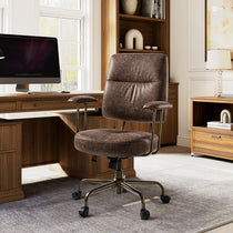Eureka Ergonomic Becky distressed brown faux suede office chair with plush cushioning and bronze 5-star base in home office.