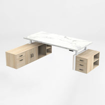 Eureka Ergonomic Zen Pro Executive Standing Desk With White Marble Top, Wood Cabinets and Adjustable Height.