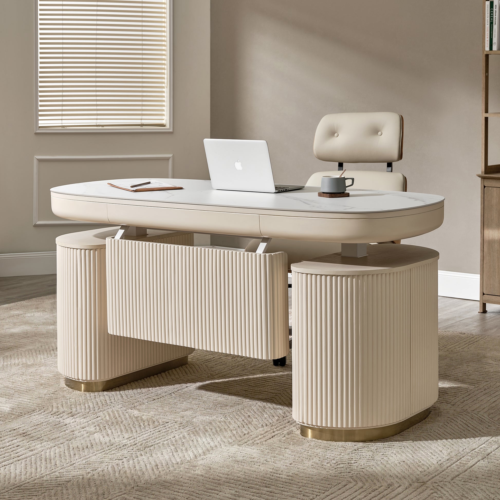 Eureka Ergonomic Home Office Cream Birch Opal Desk with Fluted Modesty Panel and Privacy Shield.