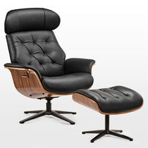 Matteo Lounge Chair and Ottoman in Black Leather With Wooden Accents; a Luxurious and Comfortable Living Room Set.