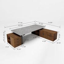 Eureka Zen Pro Executive Standing Desk, Dimensions Labeled: Black Sintered Stone Top, Wood Cabinets, Modern Design.