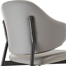 Noble Dining Chair Detail, Gray Faux Leather Backrest With Metal Frame.