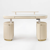 Eureka Ergonomic Opal Oval Executive Standing Desk in Light Beige With Marble Top and Storage.