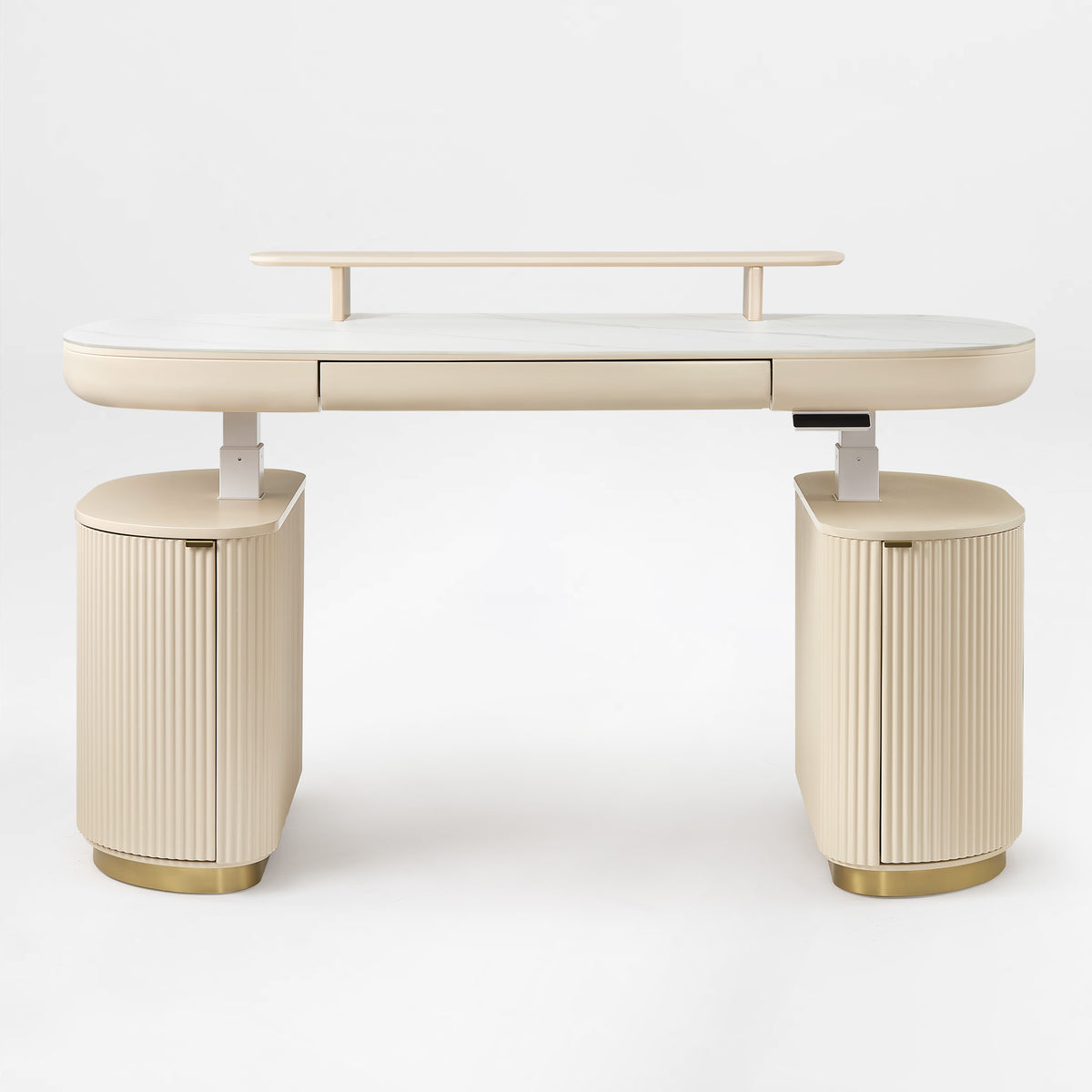 Eureka Ergonomic Opal Oval Executive Standing Desk in Light Beige With Marble Top and Storage.