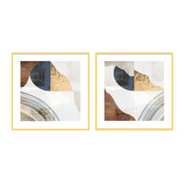 Set of 2 Abstract Wall Art Prints With Gold, Blue, and Brown Geometric Shapes.