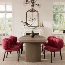 Rlesana Red Velvet Dining Chairs Around a Modern Wooden Table in Elegant Dining Room Setting.