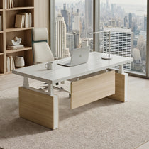 Eureka Ergonomic Zen Pro 72'' Executive Standing Desk in a Modern High-rise Office with White & Maple.