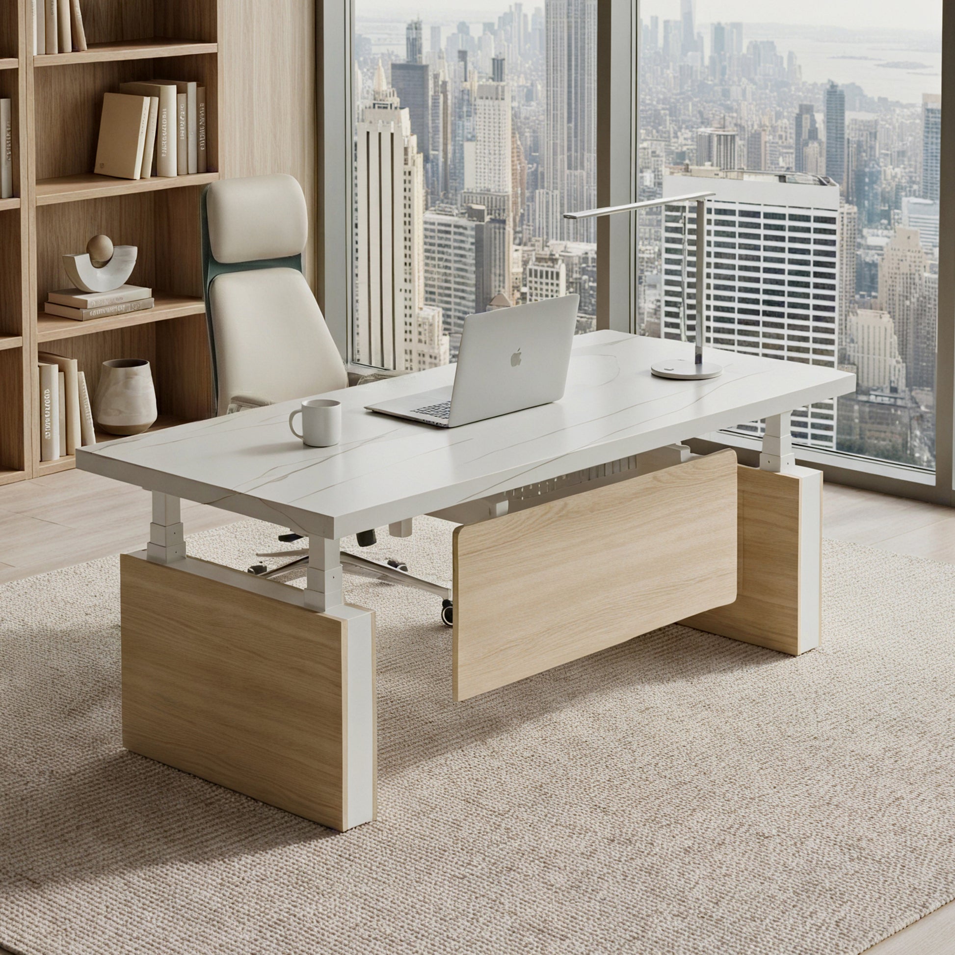 Eureka Ergonomic Zen Pro 72'' Executive Standing Desk in a Modern High-rise Office with White & Maple.