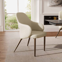 Acalay Beige Dining Armchair, Diamond-Stitched Back, Wooden-Toned Legs, Modern Dining Room.
