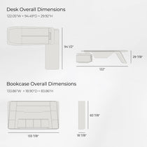 Eureka Ergonomic Zen Lunar desk & bookcase: 122"W x 94.5"D x 29.9"H desk, 133.9"W x 18.9"D x 83.9"H bookcase. Line drawing dimensions.