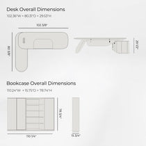 Eureka Ergonomic Zen Orion desk & bookcase dimensions: Desk 102.36"W x 80.31"D x 29.53"H, Bookcase 110.24"W x 15.75"D x 78.74"H.