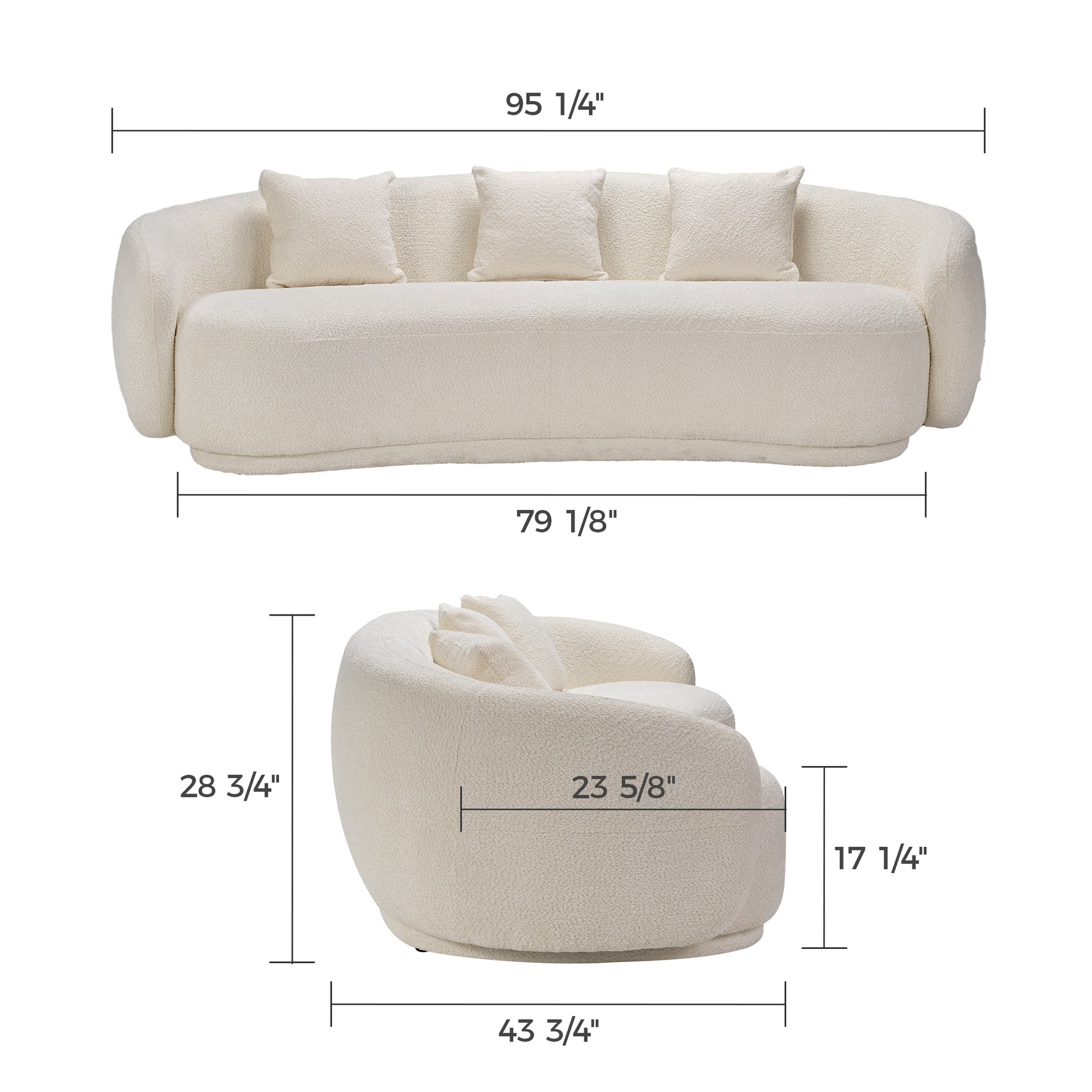 Amy, Upholstered Curved Sofa, 3 Seaters Off-White Dimensions