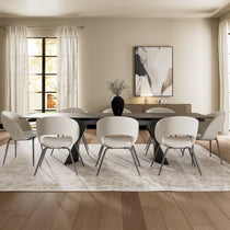 Shanean Velvet Dining Chairs in Off-White Around Dining Table. Modern Dining Room.