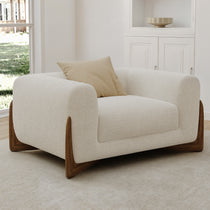 Rowan Upholstered Accent Chair in Off-White Fabric With Wooden Legs, Modern Design.