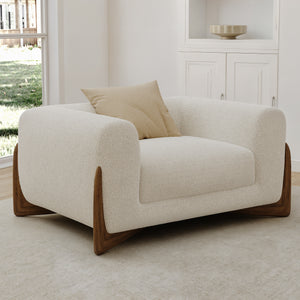 Rowan Upholstered Accent Chair in Off-White Fabric With Wooden Legs, Modern Design.