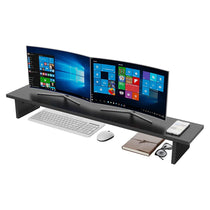 Eureka Ergonomic Carbon Fiber Dual Monitor Stand With Keyboard, Mouse, Phone, and Accessories.