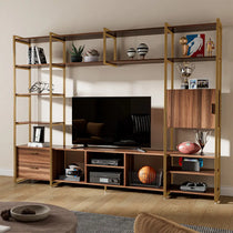 Sonoma Modern Tv Stand. Walnut and Gold, With Shelves, Cabinets, and Display for a Complete Home Entertainment Center.