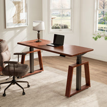 Ark Lite Standing Desk in a Warm Woodgrain Finish, Modern Home Office Setup With Laptop, Ergonomic Design.