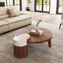 41 Irregular Round Walnut Coffee Table With Marble Accent in Modern Living Room.