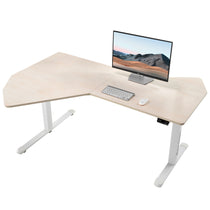 Eureka Ergonomic Blossom Dynamics L-shaped standing desk, light wood grain, white base, with monitor, keyboard, and mouse.