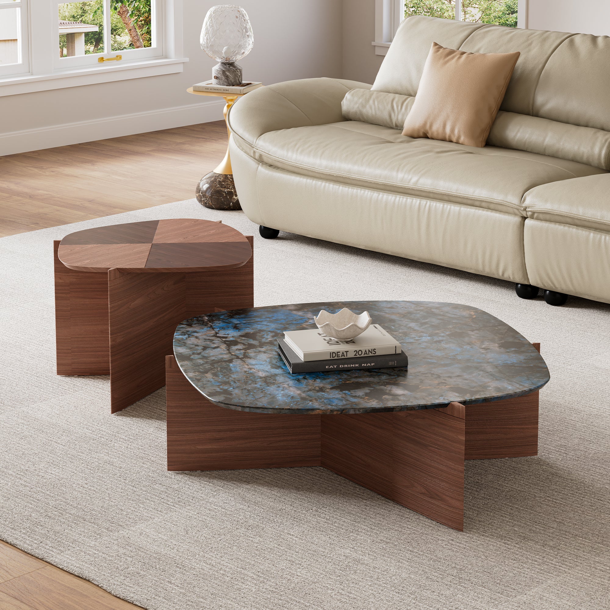 Eureka Ergonomic Walnut & Blue Jade Marble Irregular Coffee Table Set