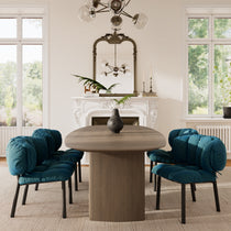 Rlesana Teal Velvet Dining Chairs Set in a Luxury Dining Room, Around a Wooden Table. Interior Design Inspiration.