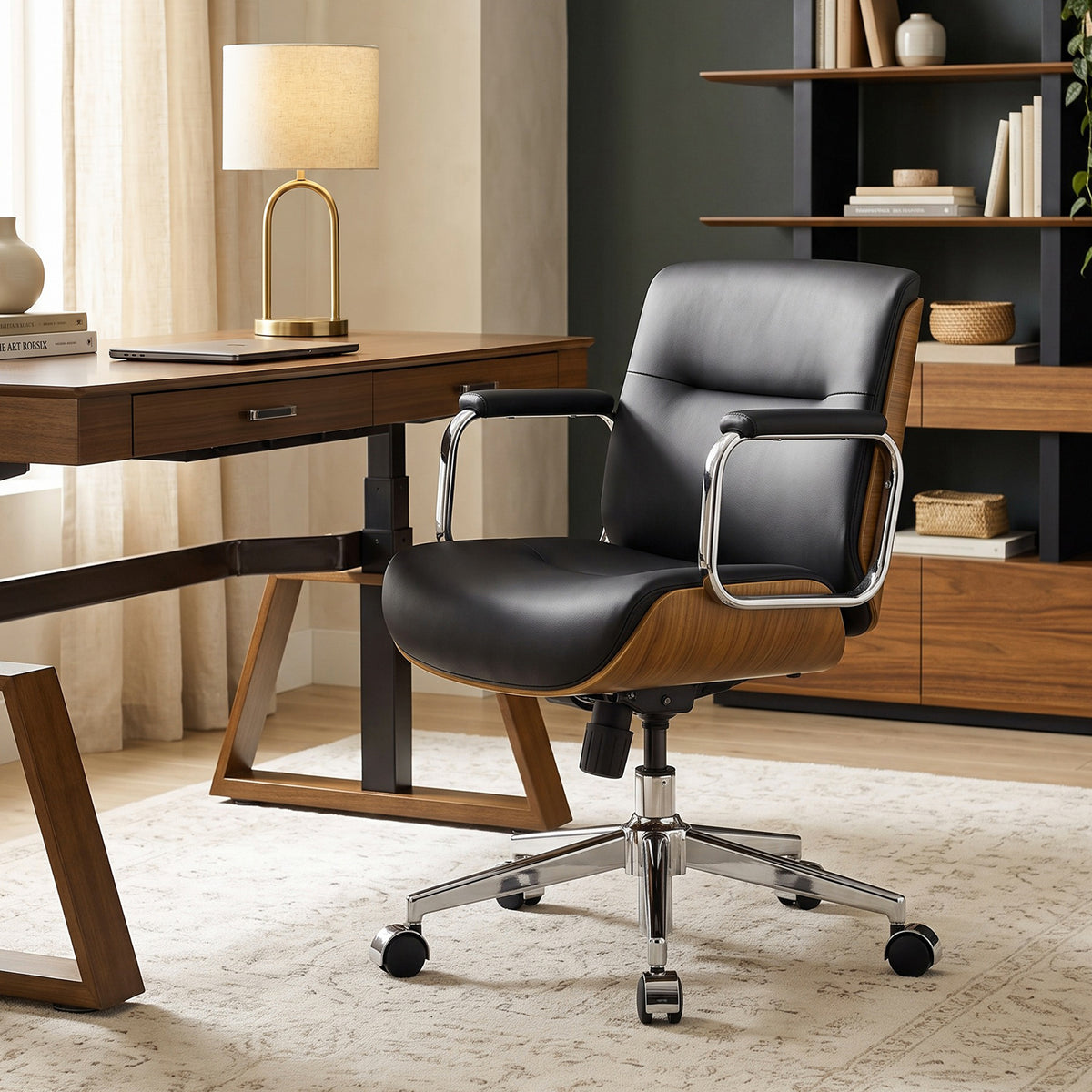 Eureka Ergonomic black Mathias Mason low back office chair beside a desk in home office
