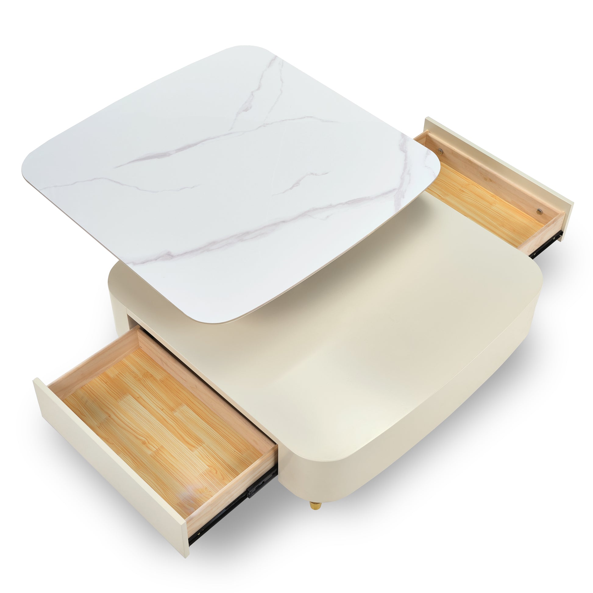 35" Creamy White Rotating Coffee Table With Drawers, White