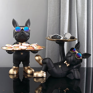 HD-14 Bulldog Statue Storage Tray Ornament, Black Resin With Golden Tray and Glasses, Home Decor.