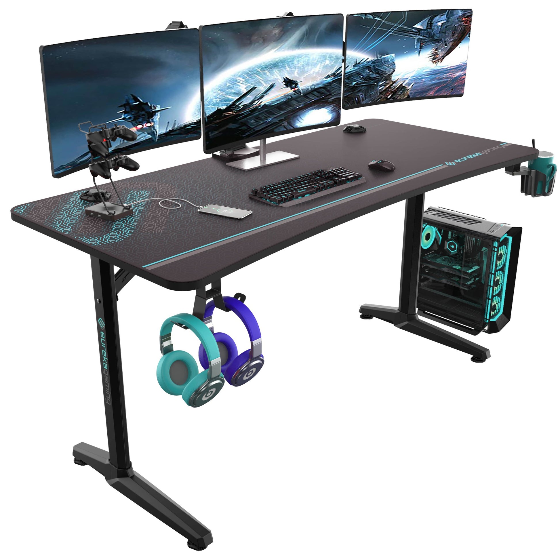 Eureka 60" Black Curved Gaming Desk with Full-surface Mouse pad