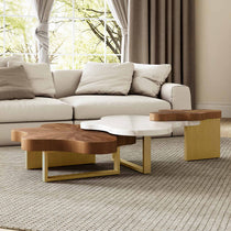 Cloud Coffee Table Set, Walnut Wood and White Marble Top With Golden Legs, Modern Design.