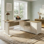 Eureka Ergonomic Ark ES Executive Standing Desk with Sonoma Oak Wood Finish in a Bright Home Office.