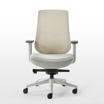 Eureka Ergonomic Lira ergonomic office chair with high beige mesh back, light gray seat, and gray armrests on a white base with casters.